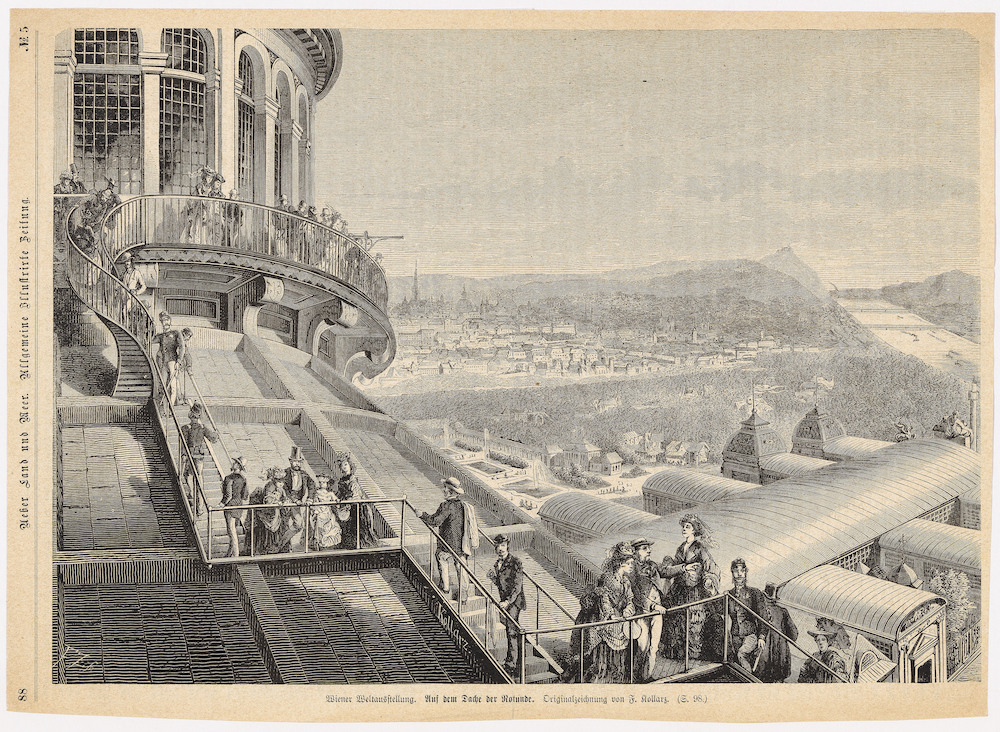 Historical illustration of people on a circular observation deck of a historic building, overlooking a city with numerous buildings and a mountainous landscape in the background.