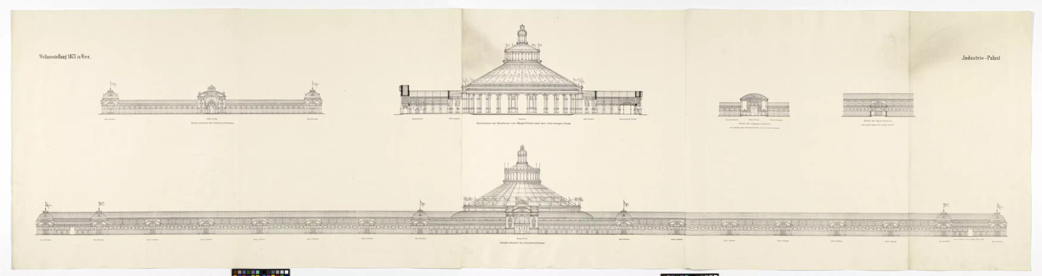 Architectural drawing depicting multiple views of a large building with a central dome and flag-topped towers. The plan includes front, side, and top elevations, showcasing detailed design elements and layouts.
