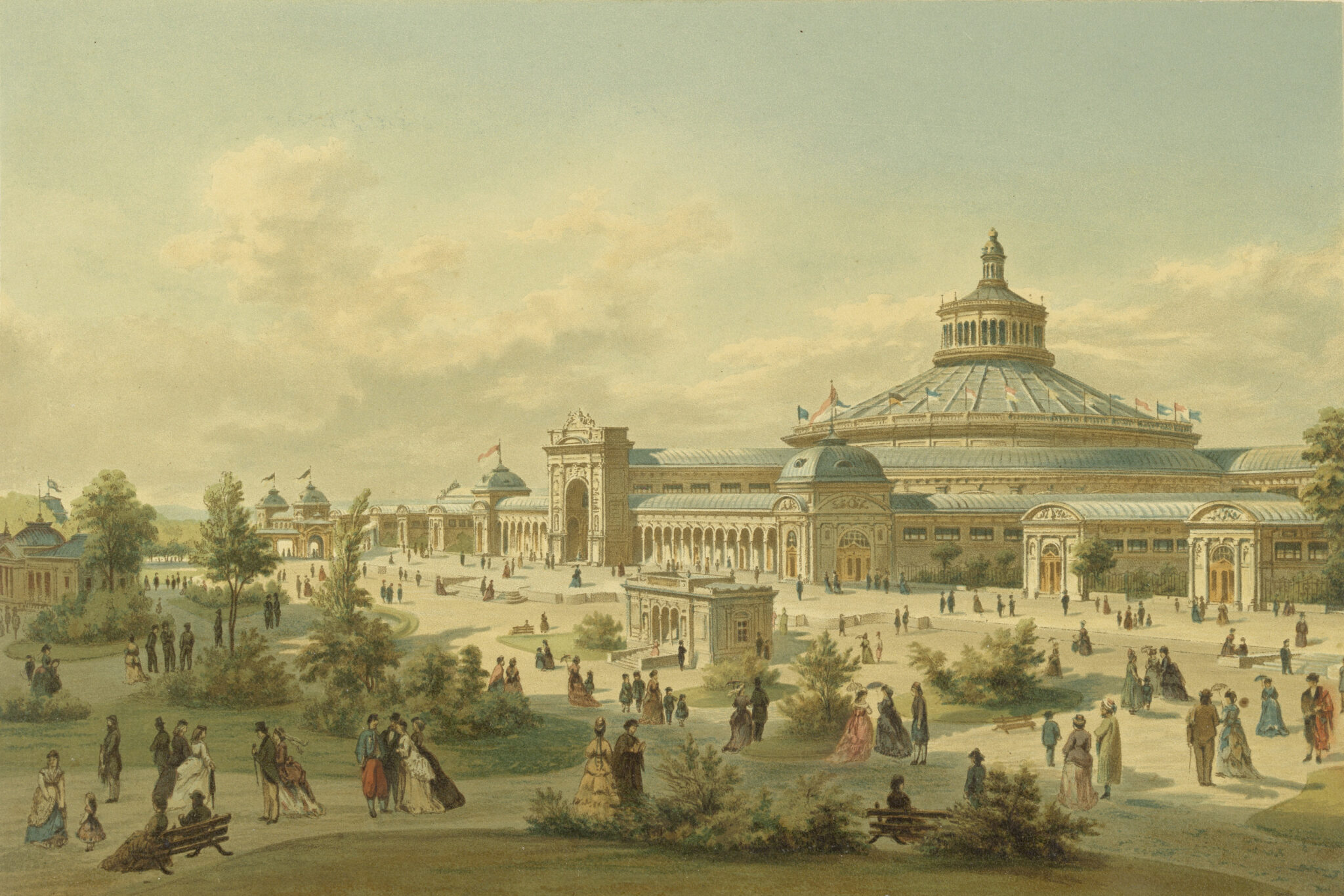 A vintage illustration of a large, ornate exhibition hall surrounded by trees and paths. People in 19th-century attire are strolling and gathering outside the building. The architecture features a central dome and flag-topped towers.
