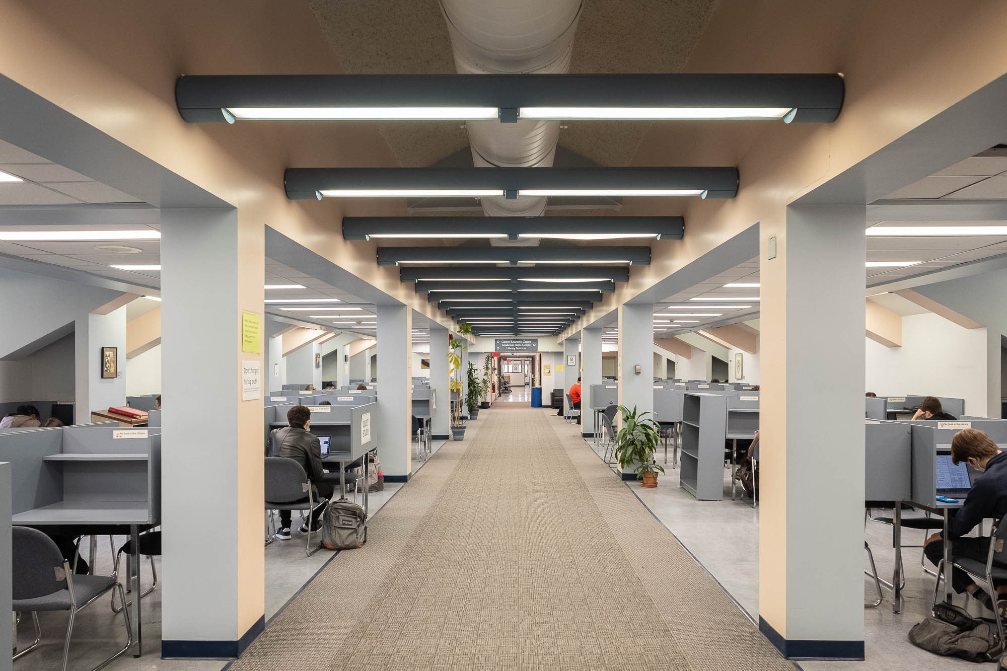 Interior of a mansarded library.
