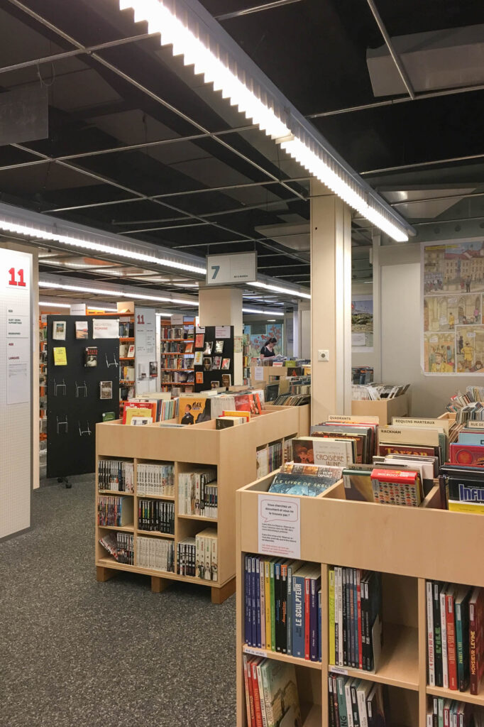 Interior view of a library, showing boxes of graphic novels. At the back, a woman is browsing the books.