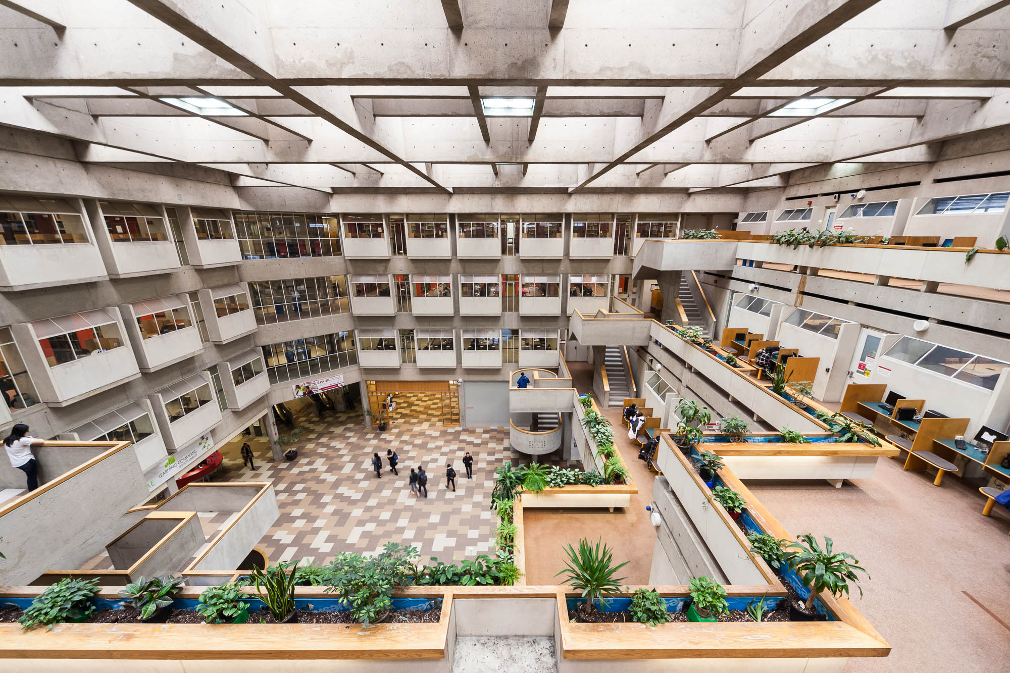 Interior of a brutalist library atrium, with cascading terraces lined with planters. Students are working at cubicles. Two sets of boxy staircases lead from one level to another. People are seen crossing the atrium below, on top of one the staircase in the foreground, a figure with long hair watches from above.