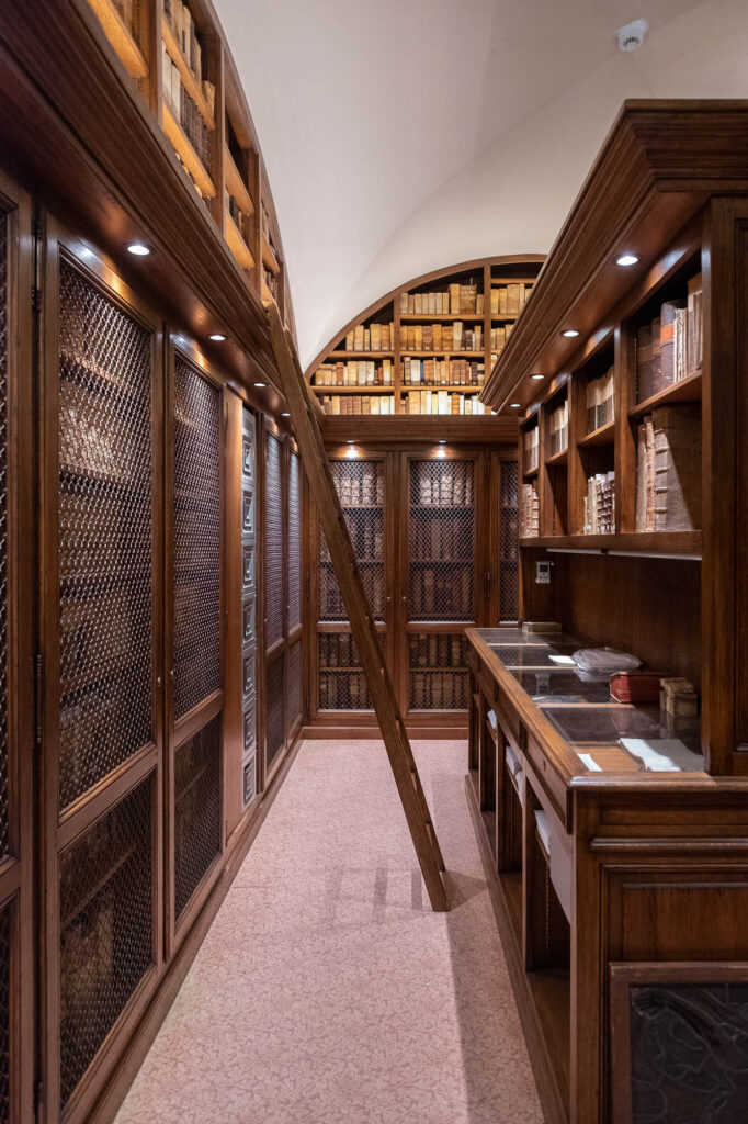 Interior of a rare book library with dark wood shelves filled with precious volumes behind protective netting. The shelves are rounded at the top to fit with the vaulted space. A wooden ladder is set against a shelf.
