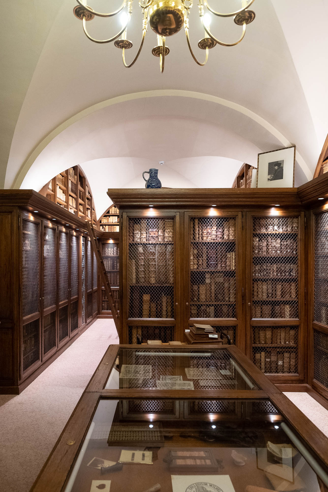 Interior of a rare book library with dark wood shelves filled with precious volumes behind protective netting. Glass-topped display cases are seen in the foreground.
