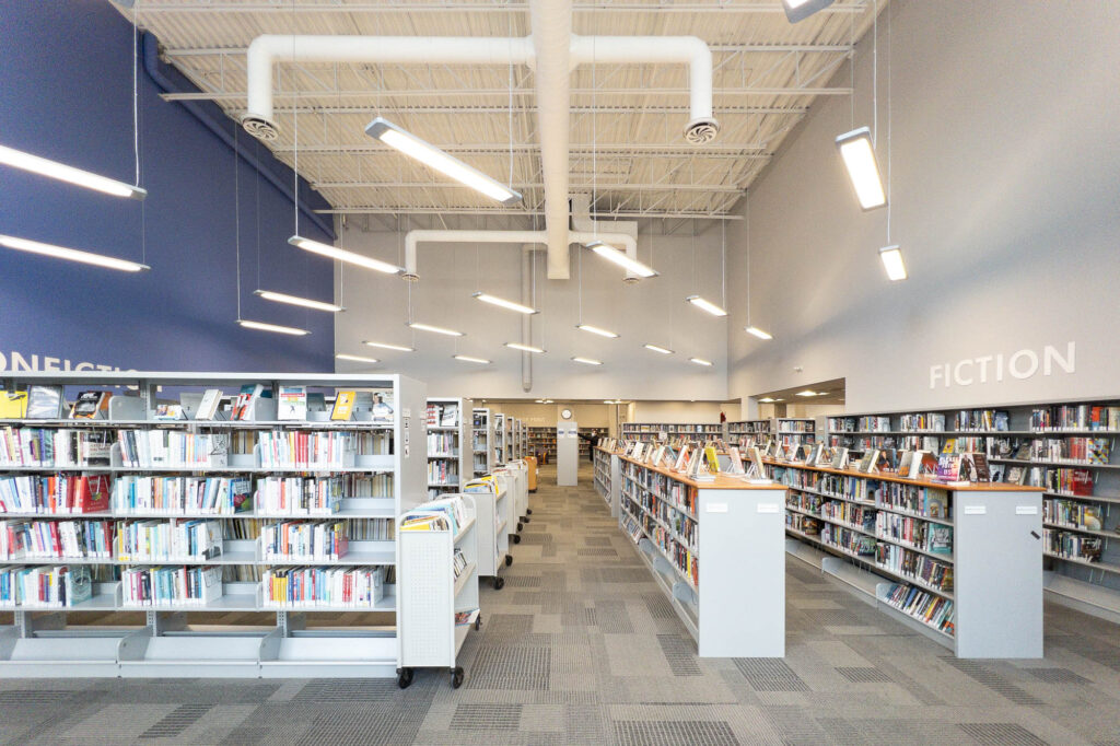 Interior of a contemporary library with bookshelves.