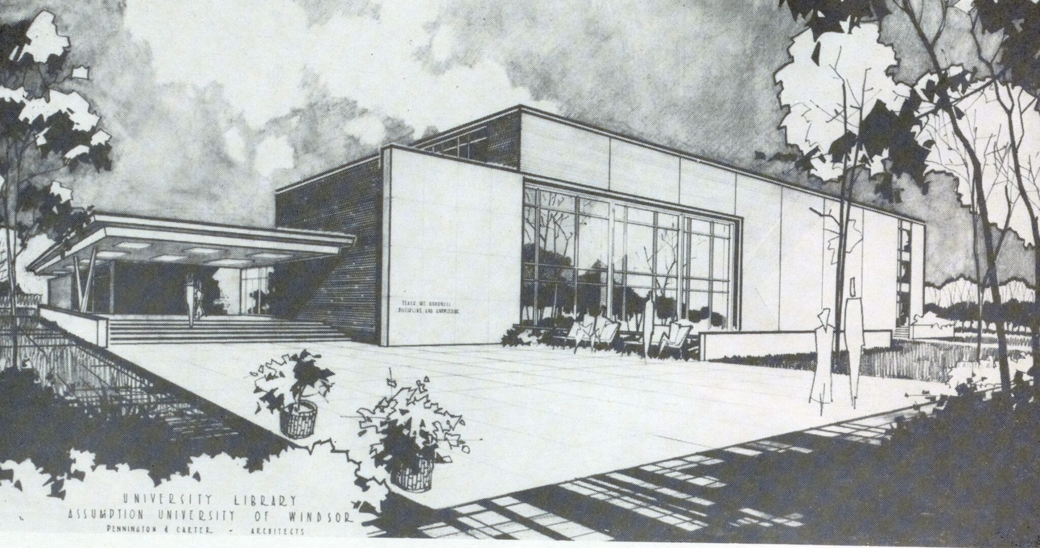 Architectural drawing of the original Leddy Library at the University of Windsor, Ontario. It is a black and white pen drawing with stylized trees and human figures at the front and the sleek, modern lines of the library at the back.