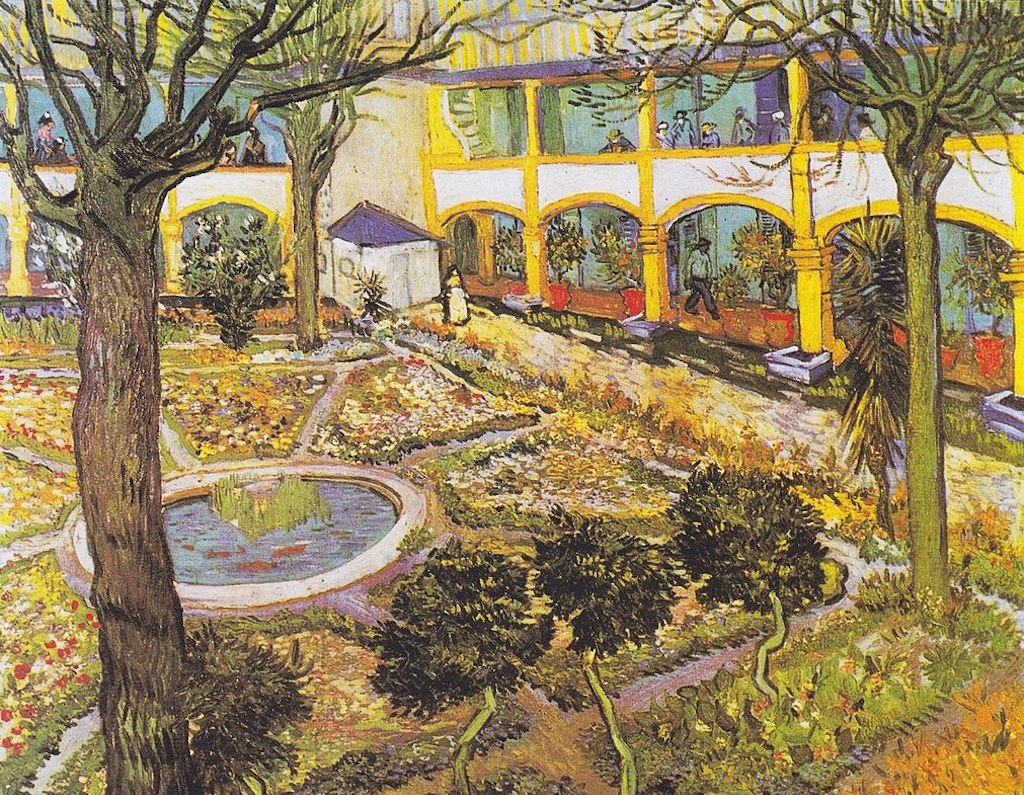 Colourful oil painting of a Provençal garden. Behind the garden, the arches of the hospital courtyard can be seen.