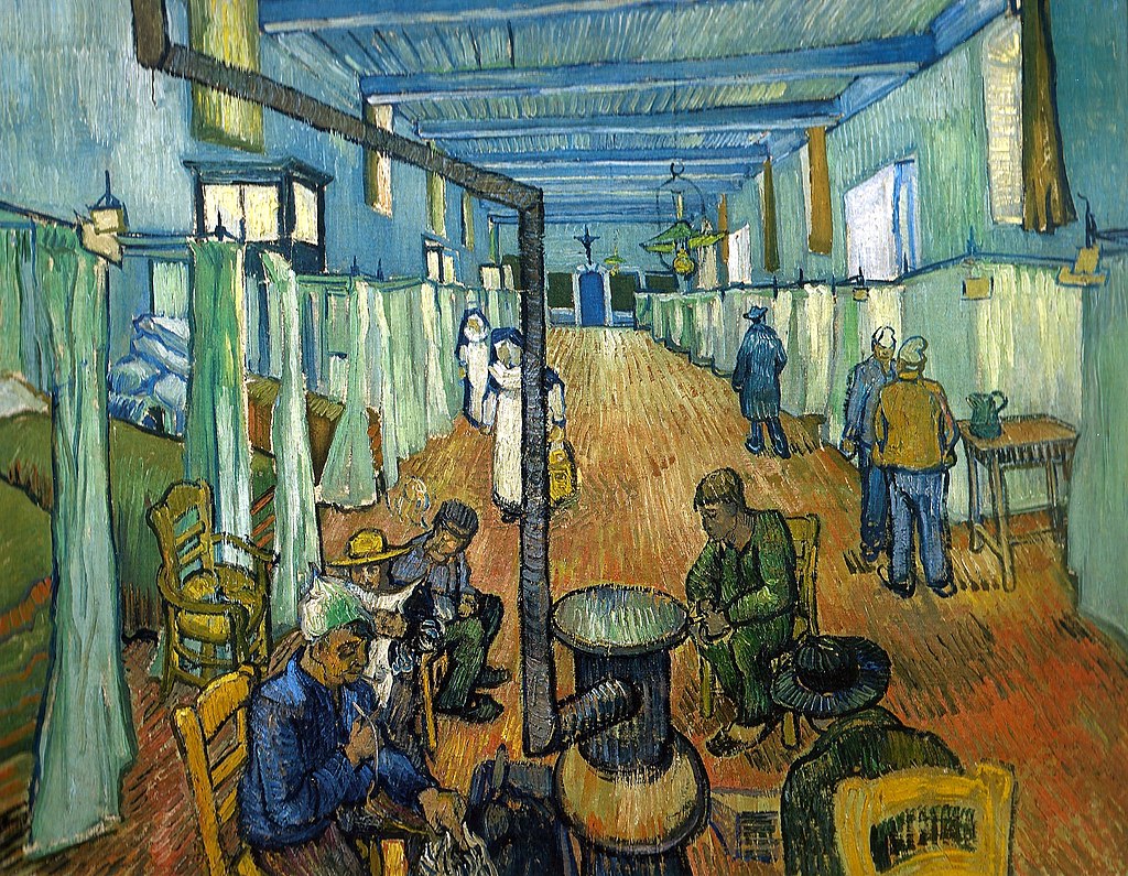 Colourful oil painting of a hospital interior, with rows of beds separated by curtains. At the forefront is a group of people seated around an iron stove.