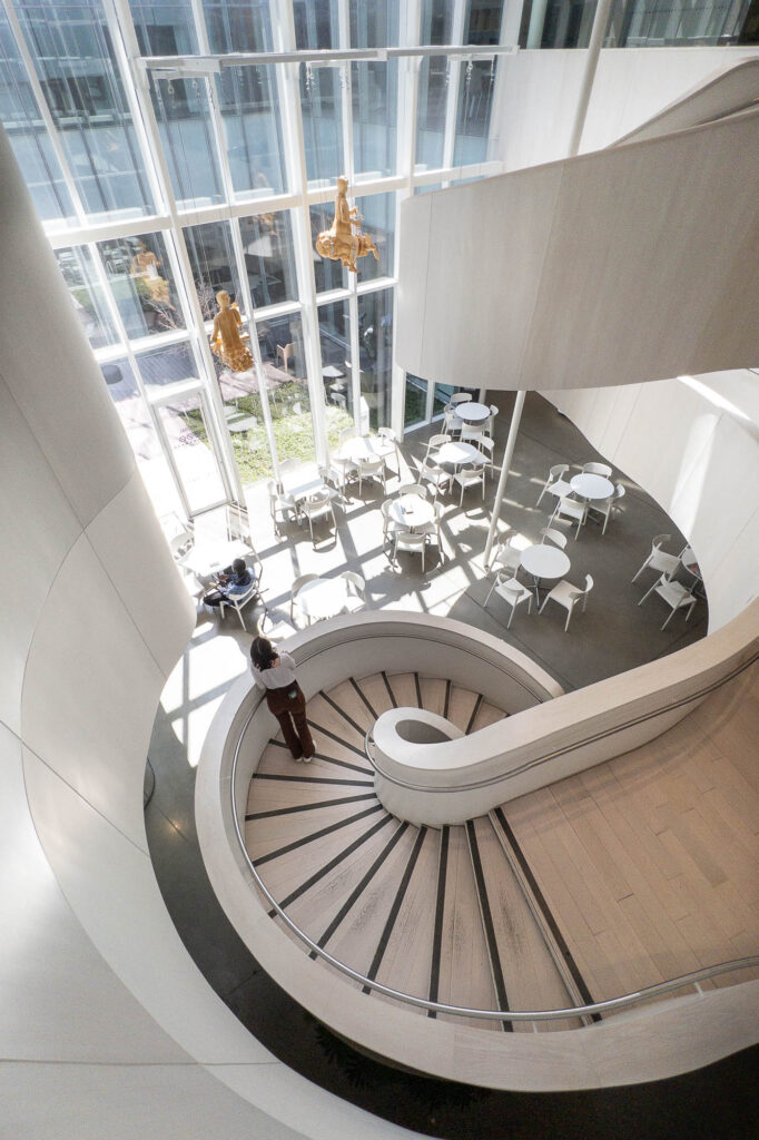 Interior of a contemporary library, looking down on a spiral staircase descending to an atrium with cafe seating. A person is standing on the steps looking away from the camera.