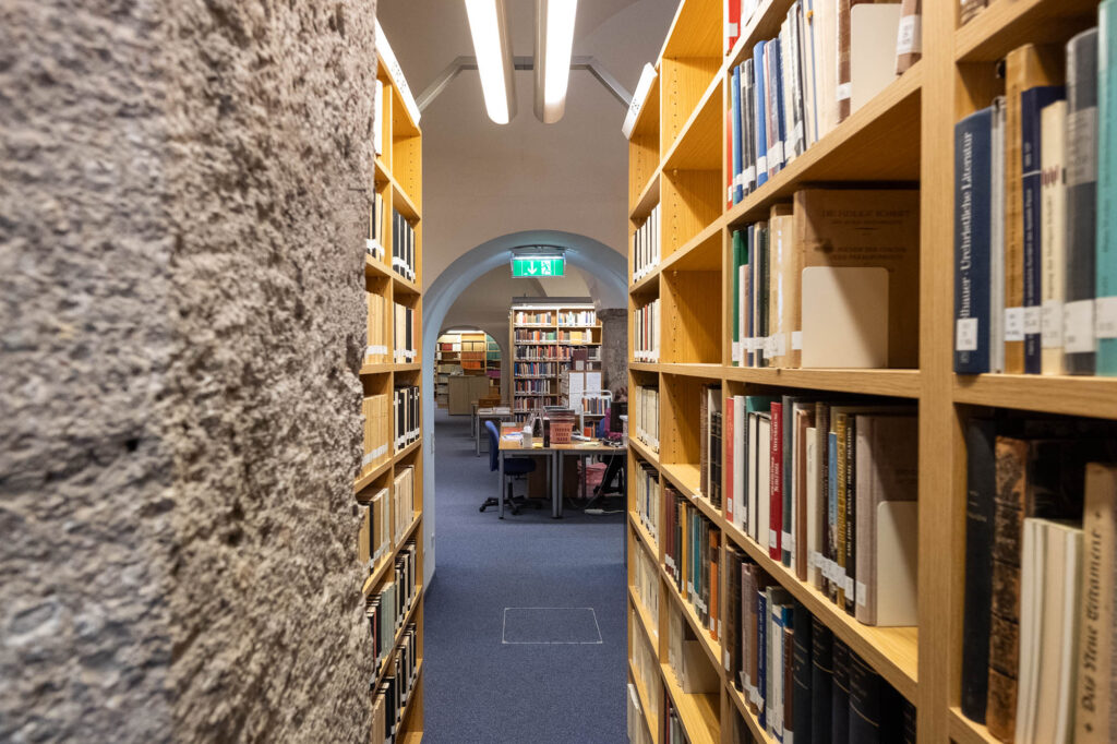 Interior of a library inside a Renaissance palazzo, a vaulted room with high bookshelves and heavy rusticated stone columns.