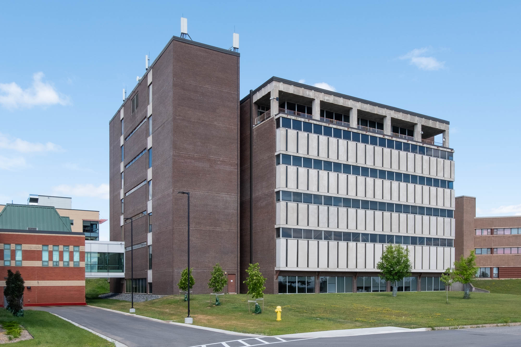 Exterior of a modernist brick library.