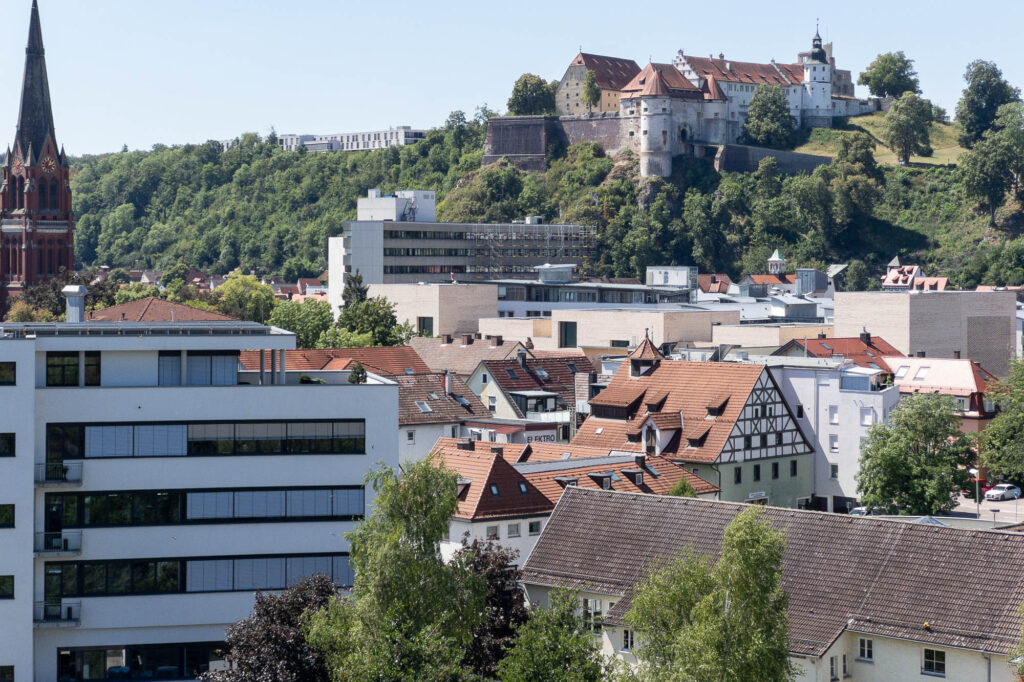 A view of a town with a mix of modern and traditional architecture. In the foreground, there are modern buildings and timber-framed houses. In the background, a historic castle is situated on a hill, surrounded by trees.