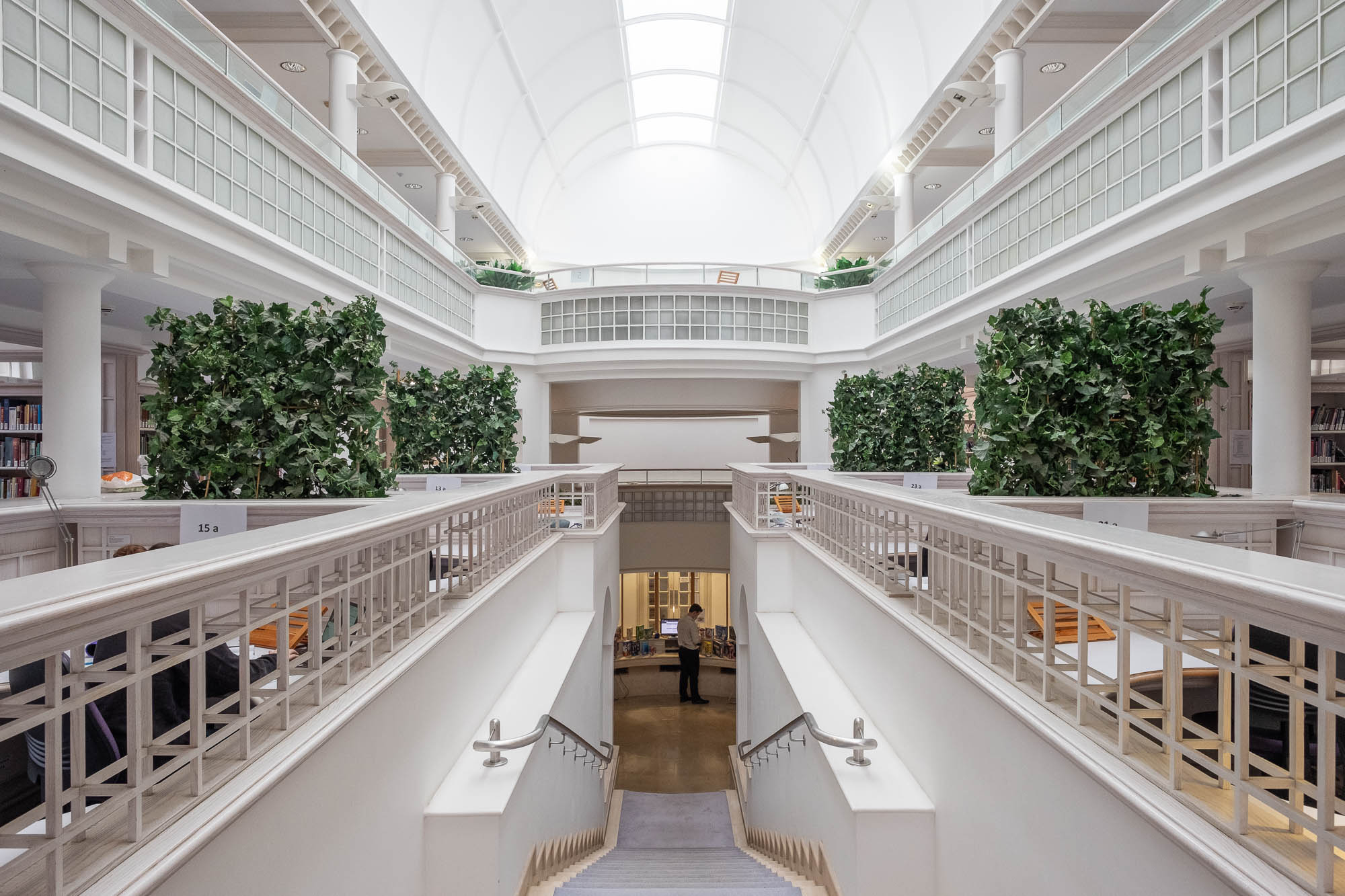 A bright, modern library interior with white walls, green plants, bookshelves, and people seated at desks on both sides. A wide staircase leads down to a lower level where a person stands near the entrance.