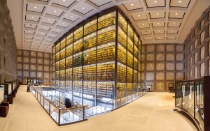A large, modern library interior with a multi-story glass-enclosed book tower containing shelves of books, surrounded by stone walls, high ceilings, and people observing the display area.