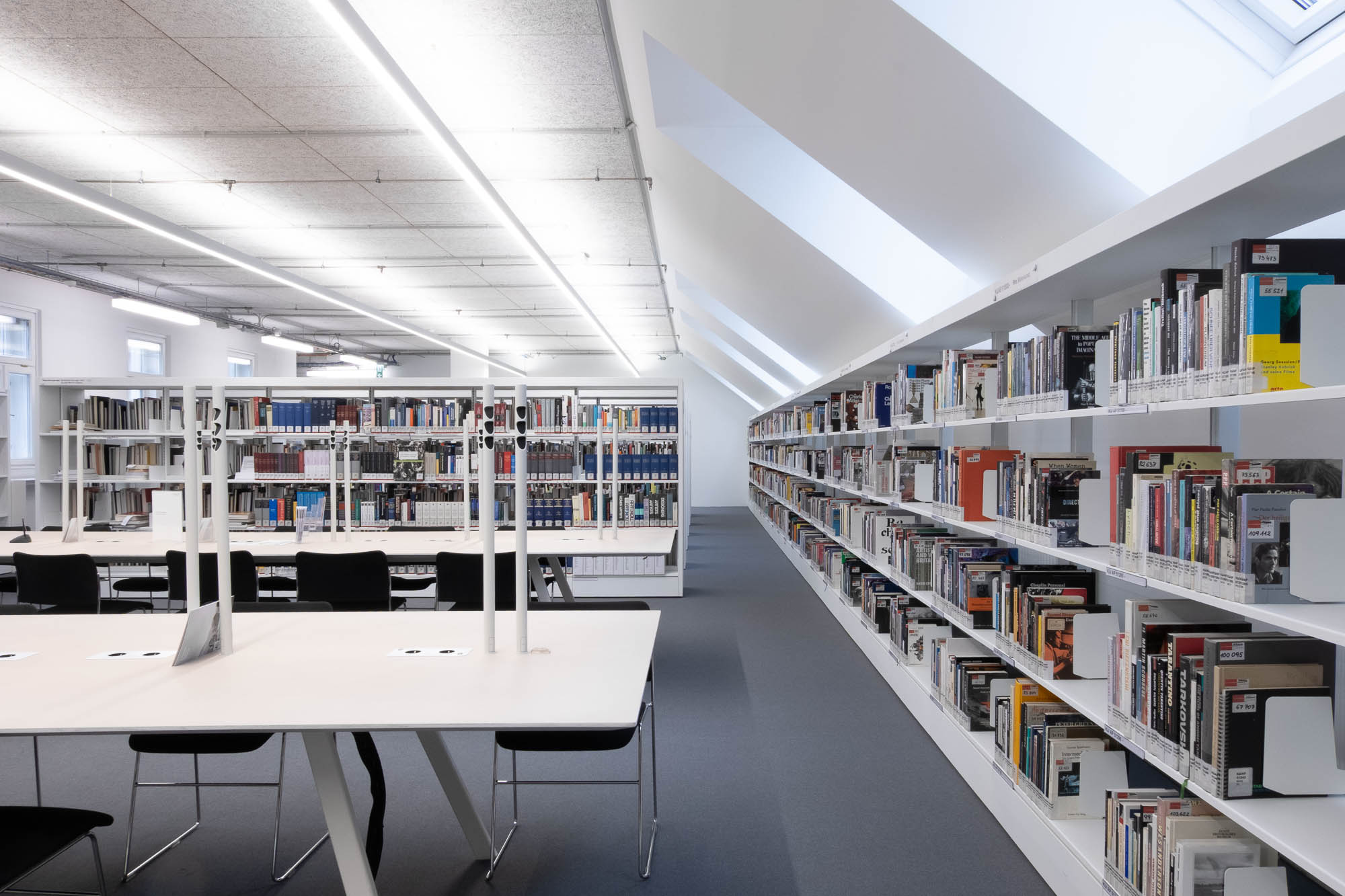 A modern library interior with rows of bookshelves on the right, white tables with black chairs on the left, and large skylights letting in natural light from above.
