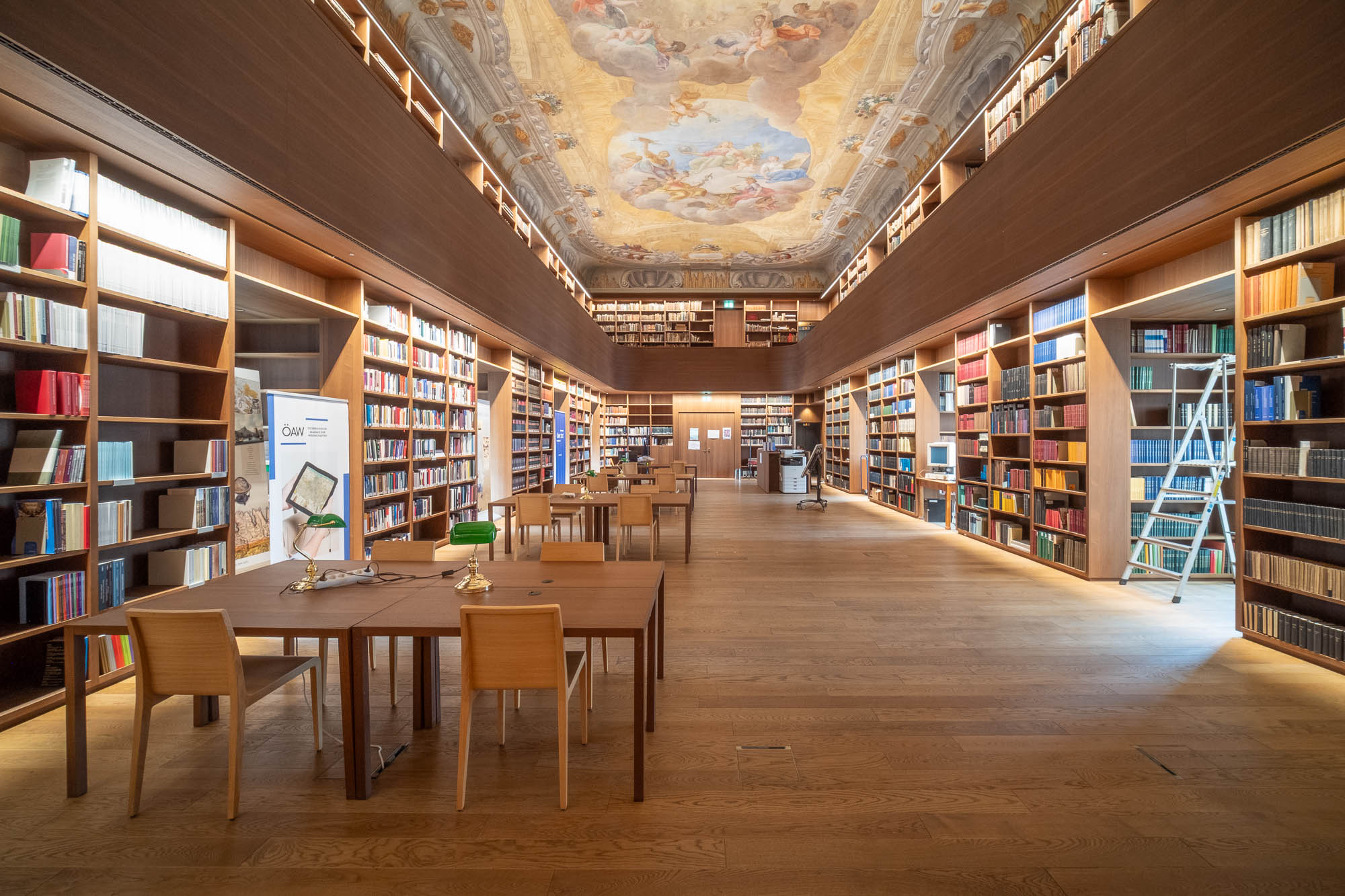 A spacious library with wooden floors, rows of bookshelves filled with books, study tables with chairs, a ladder by the shelves, and a ceiling decorated with a baroque fresco.