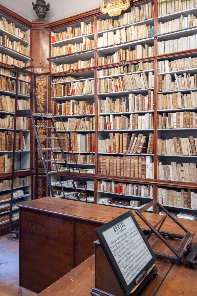 A library room with tall shelves filled with old books, a wooden desk with reading stands and information plaques, and a rolling ladder for accessing high shelves.